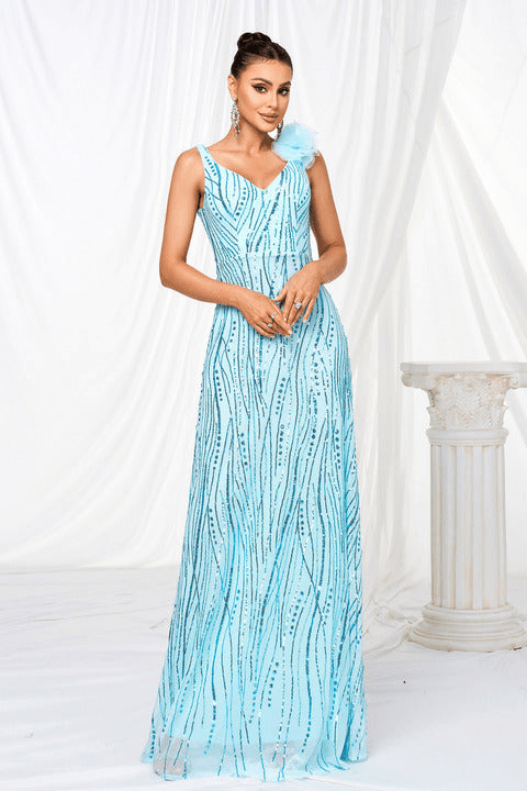 Aureline Sequin Floral A - Line Evening Gown by Luxe Lane | Dresses from Luxe Lane | SKU: -1 | Barcode:  | Options: Blue S | Wholesale Dropshipping Elegant Women Light Blue Sequin Maxi Party Dress V Neck Formal Long Gown Evening Dresses