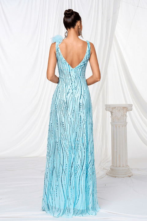 Aureline Sequin Floral A - Line Evening Gown by Luxe Lane | Dresses from Luxe Lane | SKU: -1 | Barcode:  | Options: Blue S | Wholesale Dropshipping Elegant Women Light Blue Sequin Maxi Party Dress V Neck Formal Long Gown Evening Dresses