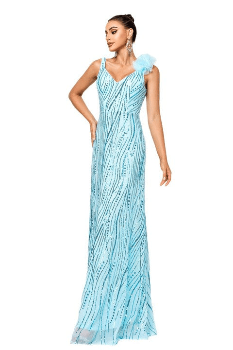 Aureline Sequin Floral A - Line Evening Gown by Luxe Lane | Dresses from Luxe Lane | SKU: -1 | Barcode:  | Options: Blue S | Wholesale Dropshipping Elegant Women Light Blue Sequin Maxi Party Dress V Neck Formal Long Gown Evening Dresses