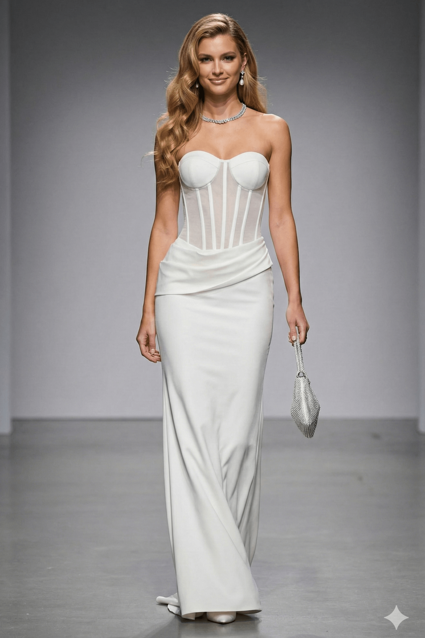 Aureline Strapless Mesh Boned Bustier Mermaid Gown by none | mermaid gown from Luxe Lane | SKU: -1 | Barcode:  | Options: White XS(4) | Model wearing a white strapless gown on a runway