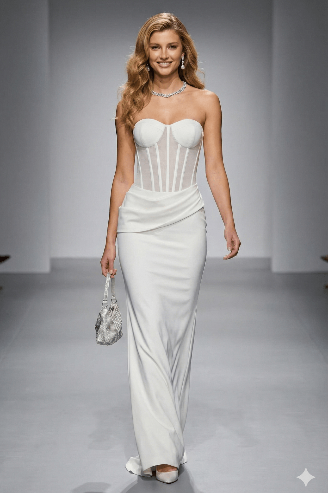 Aureline Strapless Mesh Boned Bustier Mermaid Gown by none | mermaid gown from Luxe Lane | SKU: -1 | Barcode:  | Options: White XS(4) | Model wearing a white strapless gown on a runway