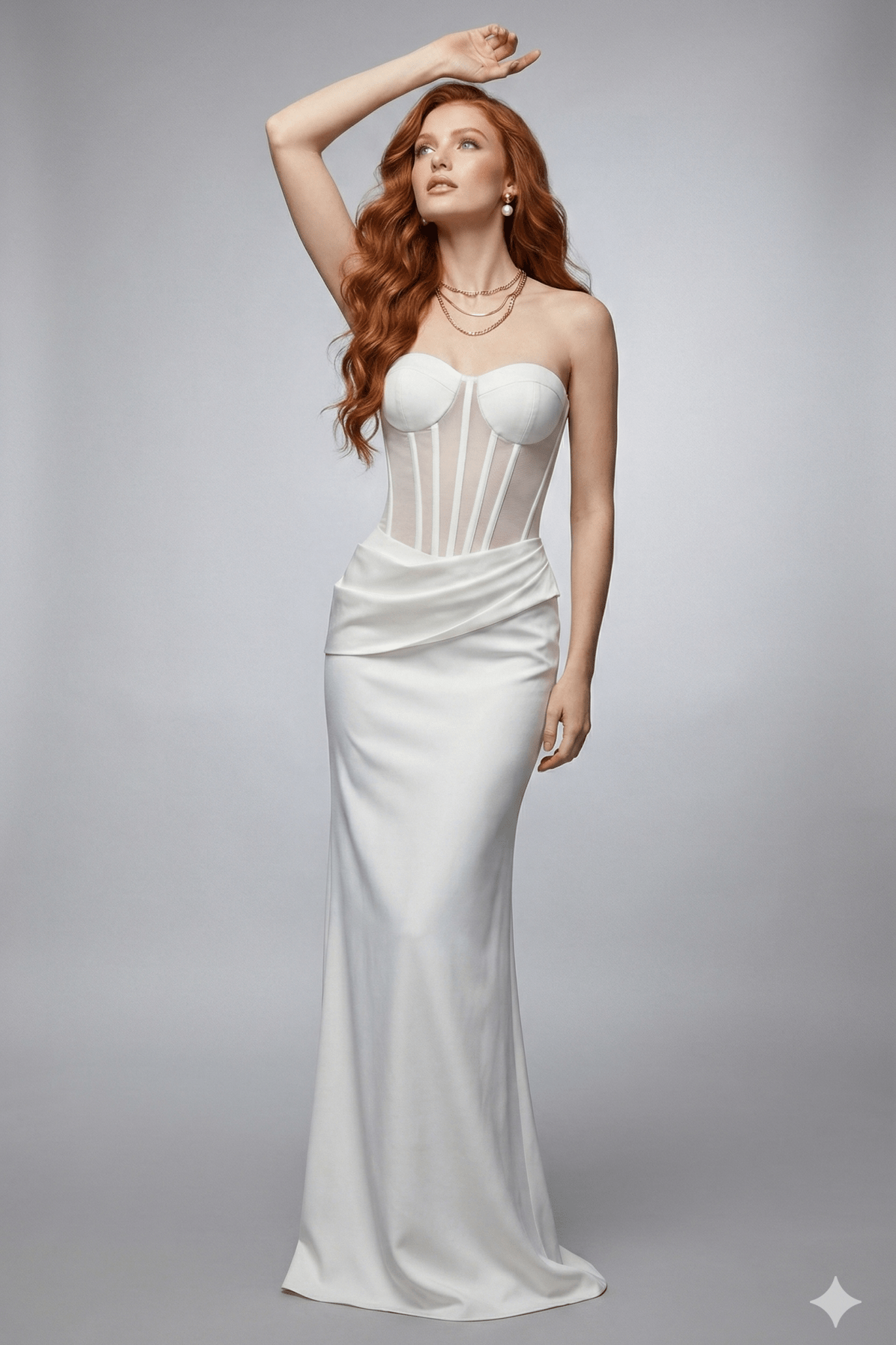 Aureline Strapless Mesh Boned Bustier Mermaid Gown by none | mermaid gown from Luxe Lane | SKU: -1 | Barcode:  | Options: White XS(4) | Woman wearing a white strapless gown with a fitted skirt on a gray background
