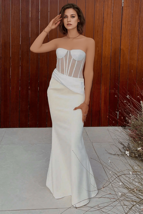 Aureline Strapless Mesh Boned Bustier Mermaid Gown by none | mermaid gown from Luxe Lane | SKU: -1 | Barcode:  | Options: White XS(4) | Strapless Mesh Boned Bustier Gown Sexy Mermaid Long Dresses Elegant White Corset Maxi Dress for Women Formal Party Evening Wear