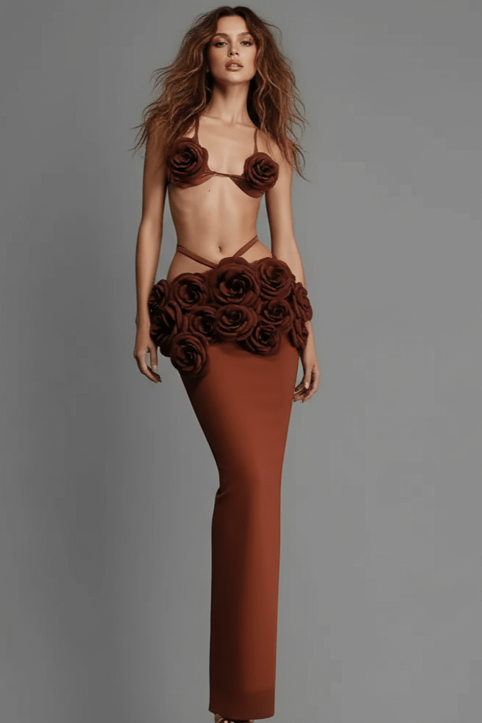 Aurienne Dark Brown Floral Two - Piece Set by Shine | from Luxe Lane | SKU:  | Barcode:  | Options: M | Aurienne Dark Brown Floral Two - Piece Set