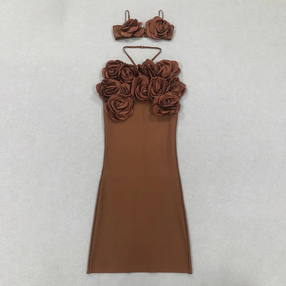 Aurienne Dark Brown Floral Two - Piece Set by Shine | from Luxe Lane | SKU:  | Barcode:  | Options: M | Trend 2025 Latest Arrivals Sexy Dark Brown Bandage Dress 3D Flower Top Floral Maxi Dress Two Piece Set