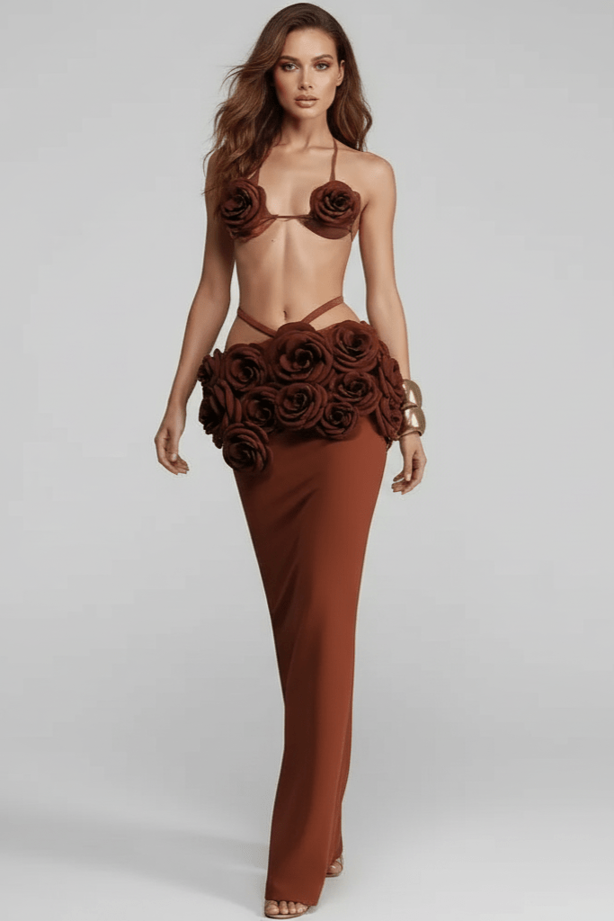 Aurienne Dark Brown Floral Two - Piece Set by Shine | from Luxe Lane | SKU:  | Barcode:  | Options: S | Aurienne Dark Brown Floral Two - Piece Set