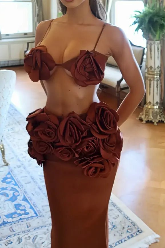 Aurienne Dark Brown Floral Two - Piece Set by Shine | from Luxe Lane | SKU:  | Barcode:  | Options: S | Trend 2025 Latest Arrivals Sexy Dark Brown Bandage Dress 3D Flower Top Floral Maxi Dress Two Piece Set