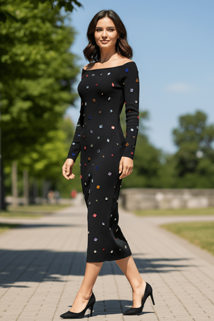 Aurora Crystal Dress by Luxe Lane | from Luxe Lane | SKU:  | Barcode:  | Options: Black S | Woman in a black dress with colorful polka dots walking on a path outdoors.