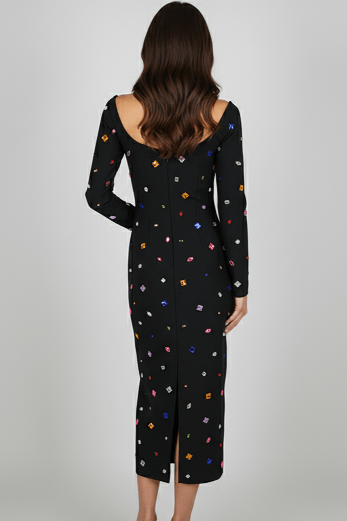 Aurora Crystal Dress by Luxe Lane | from Luxe Lane | SKU:  | Barcode:  | Options: Black S | Black dress with colorful geometric pattern worn by a model on a gray background