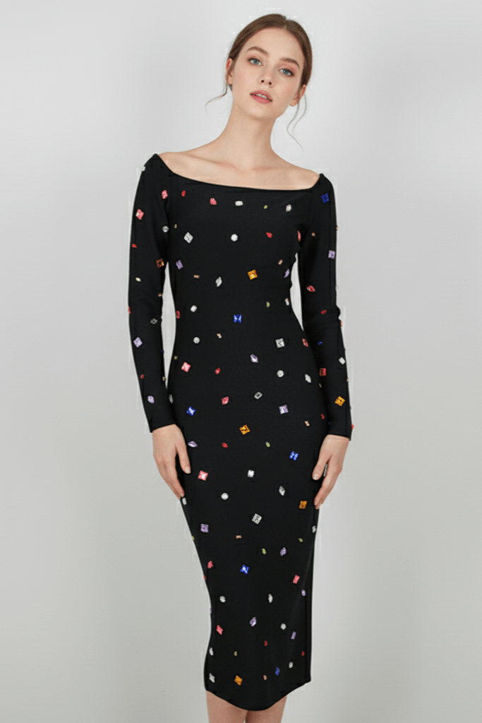 Aurora Crystal Dress by Luxe Lane | from Luxe Lane | SKU:  | Barcode:  | Options: Black S | Black dress with colorful pattern worn by a model on a gray background