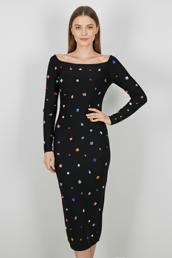 Aurora Crystal Dress by Luxe Lane | from Luxe Lane | SKU:  | Barcode:  | Options: Black S | Black dress with colorful pattern worn by a model on a white background