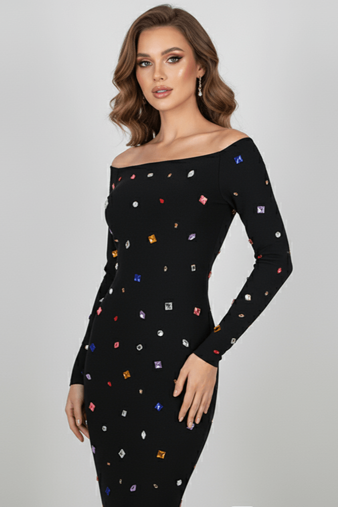 Aurora Crystal Dress by Luxe Lane | from Luxe Lane | SKU:  | Barcode:  | Options: Black S | Woman wearing a black off - shoulder dress with colorful gemstone patterns on a gray background