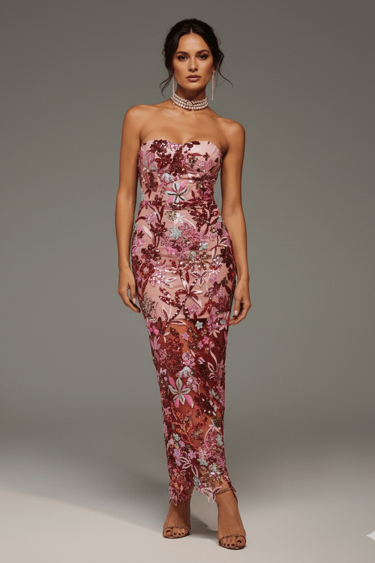 Aurora Fleur Embroidered Sequin Gown by Shine | mermaid gown from Luxe Lane | SKU:  | Barcode:  | Options: Pink S | Woman wearing a strapless floral dress on a gray background