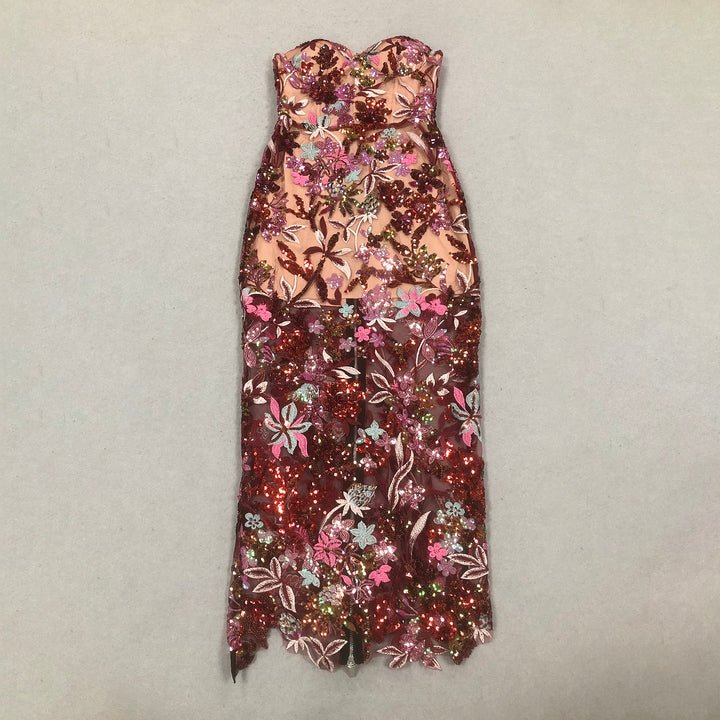 Aurora Fleur Embroidered Sequin Gown by Shine | mermaid gown from Luxe Lane | SKU:  | Barcode:  | Options: Pink S | High End Luxury Colorful Floral Sequins Sheer Embroidered Dress Elegant Strapless Mesh Long Evening Dresses With Embroidery