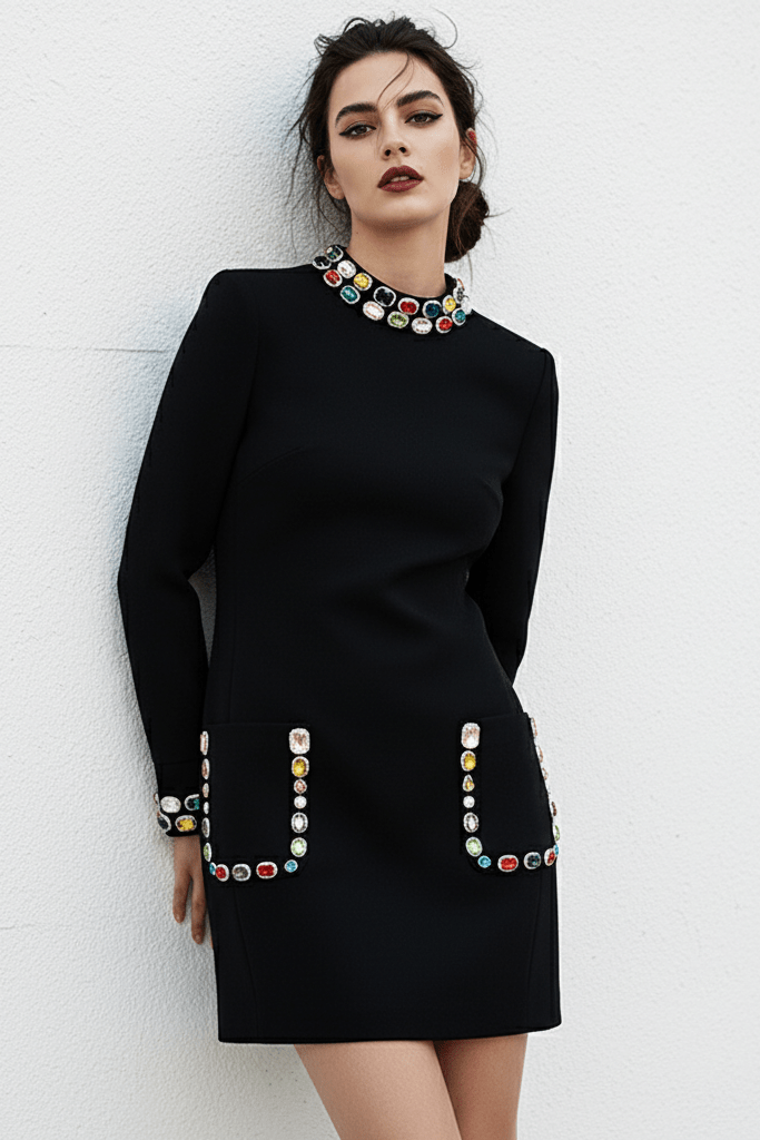 Aurora Gemstone Mini Gown by Luxe Lane | from Luxe Lane | SKU:  | Barcode:  | Options: Black S | back angle of Luxe Lane black mini dress highlighting smooth fabric and subtle zipper line