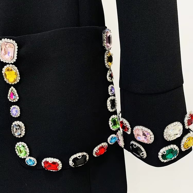 Aurora Gemstone Mini Gown by Luxe Lane | from Luxe Lane | SKU:  | Barcode:  | Options: Black S | macro close - up of Luxe Lane gemstone decoration featuring multicolor crystal accents on black fabric