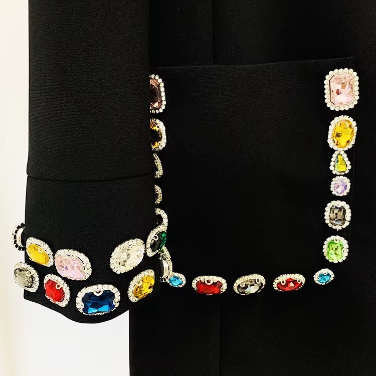 Aurora Gemstone Mini Gown by Luxe Lane | from Luxe Lane | SKU:  | Barcode:  | Options: Black S | Wholesale Long - sleeved Black Mini Dress Beaded Rhinestone Colorful Gemstone Elegant Gowns Luxury Evening Dresses for Women