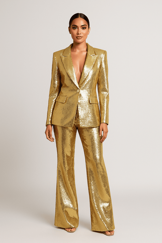Aurora Luxe Golden Sequin Blazer & Pant Set by Luxe Lane | from Luxe Lane | SKU:  | Barcode:  | Options: Golden S | Aurora Luxe Golden Sequin Blazer & Pant Set