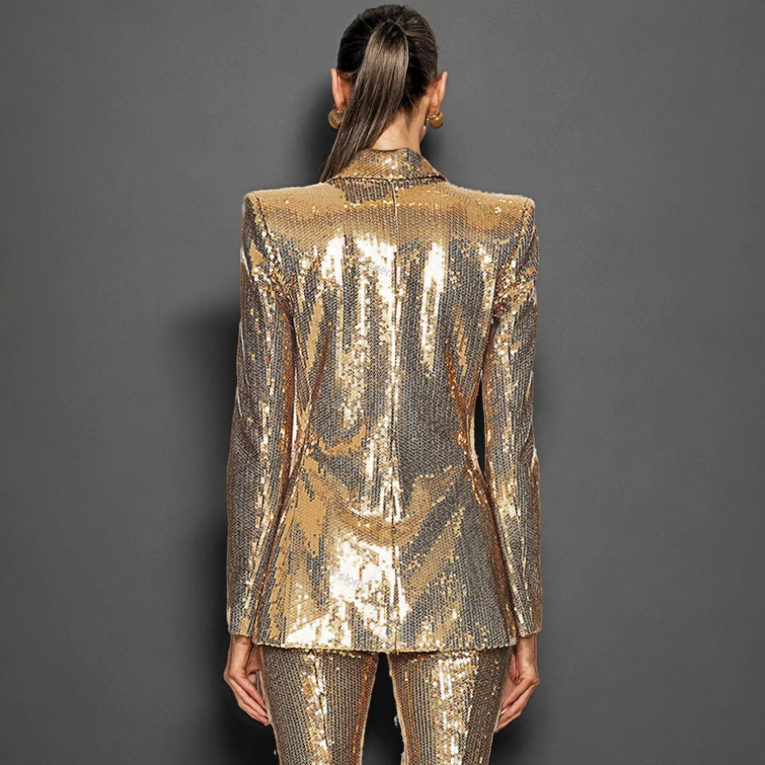 Aurora Luxe Golden Sequin Blazer & Pant Set by Luxe Lane | from Luxe Lane | SKU:  | Barcode:  | Options: Golden S | Fashionable Long Sleeve Blouse and Pant 2 Piece Set Conjuntos De Mujer Womens Suits Luxury Golden Sequin Blazer Set for Women