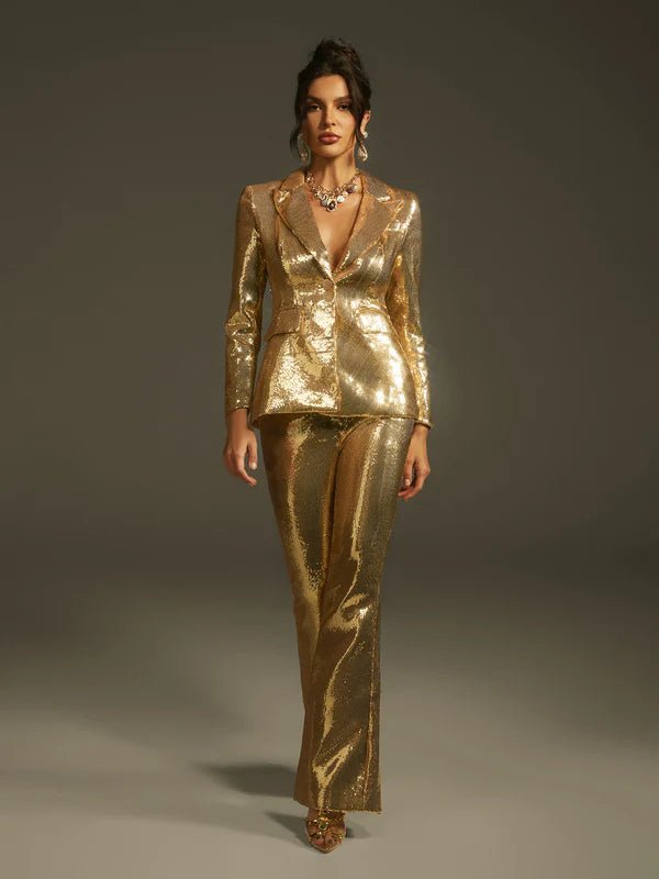 Aurora Luxe Golden Sequin Blazer & Pant Set by Luxe Lane | from Luxe Lane | SKU:  | Barcode:  | Options: Golden S | Aurora Luxe Golden Sequin Blazer & Pant Set