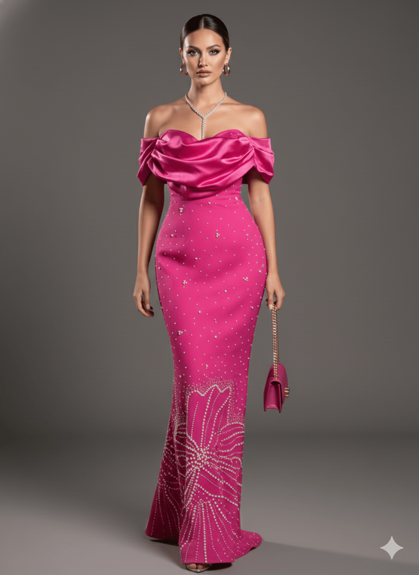 Aurora Off - Shoulder Pearl & Rhinestone Maxi Gown by Luxe Lane | heath gown from Luxe Lane | SKU:  | Barcode:  | Options: Black S | Aurora Off - Shoulder Pearl & Rhinestone Maxi Gown