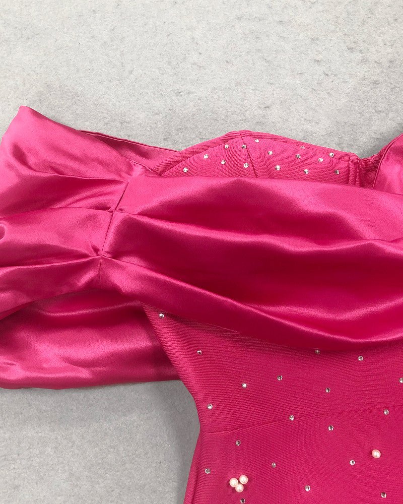 Aurora Off - Shoulder Pearl & Rhinestone Maxi Gown by Luxe Lane | heath gown from Luxe Lane | SKU:  | Barcode:  | Options: Rose Red S | Aurora Off - Shoulder Pearl & Rhinestone Maxi Gown