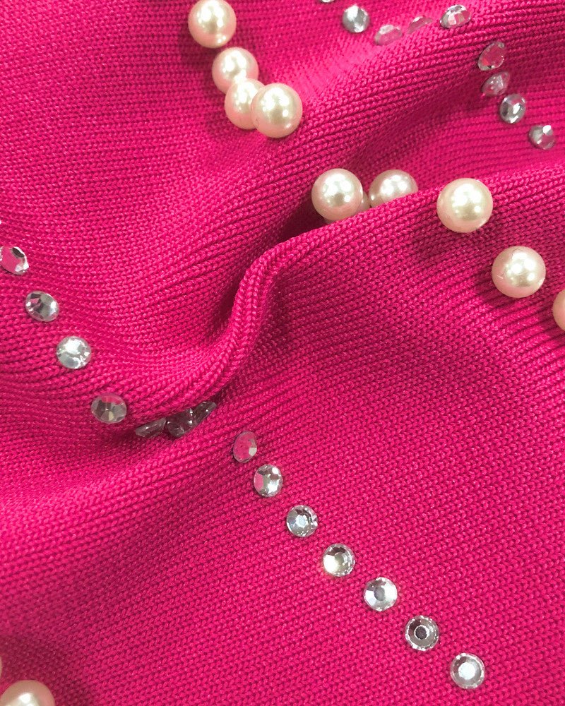 Aurora Off - Shoulder Pearl & Rhinestone Maxi Gown by Luxe Lane | heath gown from Luxe Lane | SKU:  | Barcode:  | Options: Rose Red S | Aurora Off - Shoulder Pearl & Rhinestone Maxi Gown