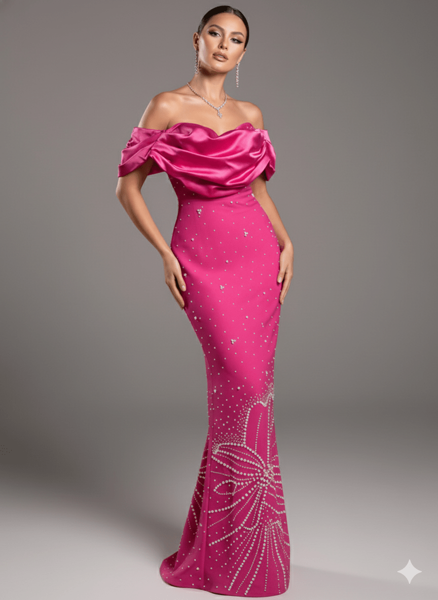 Aurora Off - Shoulder Pearl & Rhinestone Maxi Gown by Luxe Lane | heath gown from Luxe Lane | SKU:  | Barcode:  | Options: Rose Red S | Aurora Off - Shoulder Pearl & Rhinestone Maxi Gown