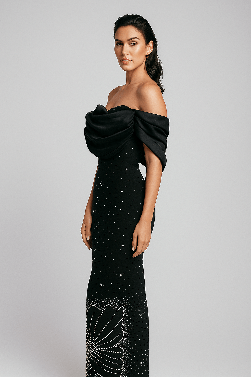 Aurora Off - Shoulder Pearl & Rhinestone Maxi Gown by Shine | heath gown from Luxe Lane | SKU: -1 | Barcode:  | Options: Black S | Aurora Off - Shoulder Pearl & Rhinestone Maxi Gown