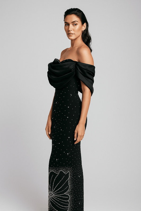 Aurora Off - Shoulder Pearl & Rhinestone Maxi Gown by Shine | heath gown from Luxe Lane | SKU: -1 | Barcode:  | Options: Black S | Aurora Off - Shoulder Pearl & Rhinestone Maxi Gown