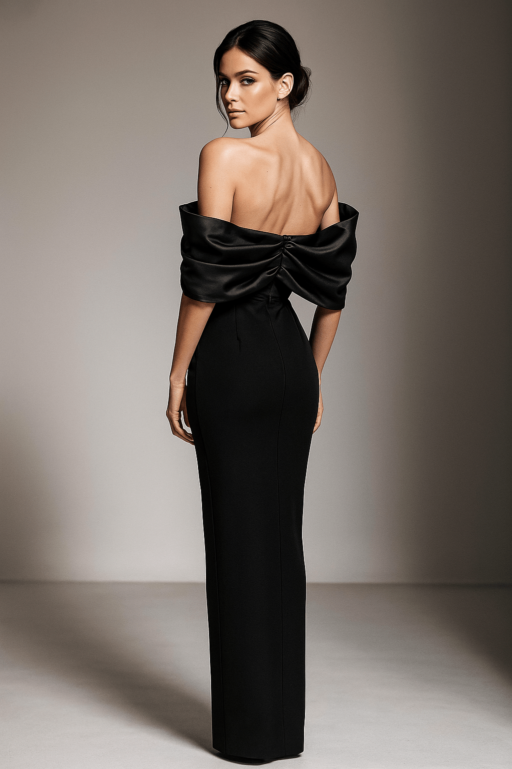 Aurora Off - Shoulder Pearl & Rhinestone Maxi Gown by Shine | heath gown from Luxe Lane | SKU: -1 | Barcode:  | Options: Black S | Aurora Off - Shoulder Pearl & Rhinestone Maxi Gown