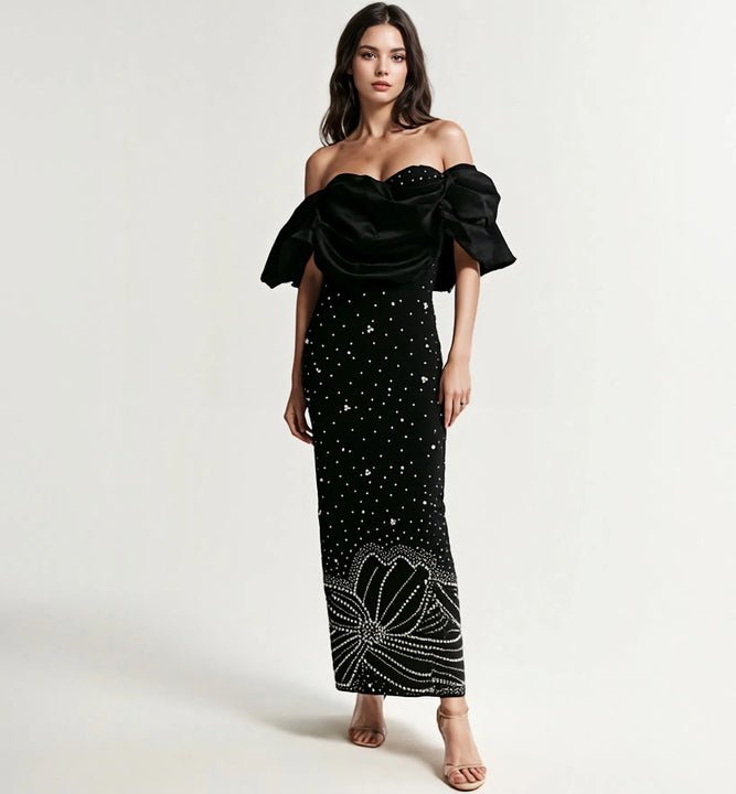 Aurora Off - Shoulder Pearl & Rhinestone Maxi Gown by Shine | heath gown from Luxe Lane | SKU: -1 | Barcode:  | Options: Black S | Elegant Off Shoulder Beaded Rhinestone Pearl Formal Maxi Dress Women Party Wear Long Gown Slim Fit Luxury Evening Dresses