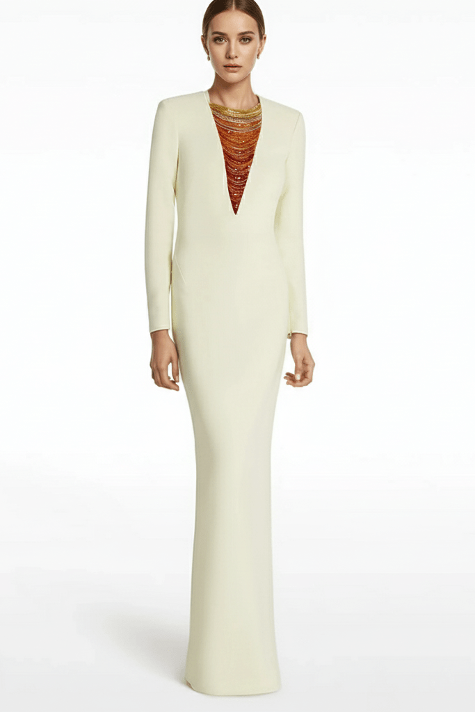 Aurora Radiance Gradient Chain Beaded by Luxe Lane | heath gown from Luxe Lane | SKU:  | Barcode:  | Options: White S | Woman wearing a long, light - colored dress with a V - neckline on a white background