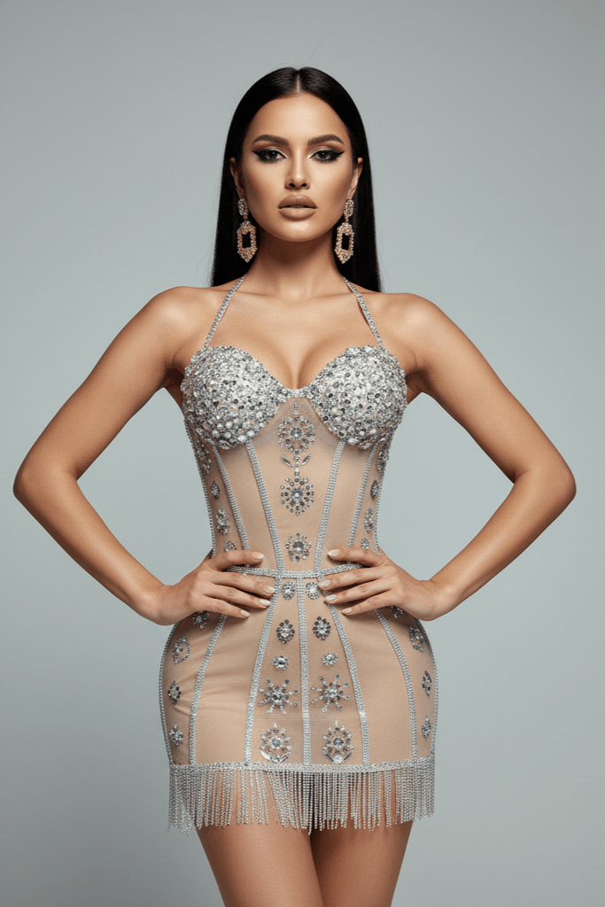 Aurora Rhinestone Fringe Mini Dress by Shine | Prom Dresses from Luxe Lane | SKU: W11399-1 | Barcode:  | Options: Silver S(6) | Aurora Rhinestone Fringe Mini Dress