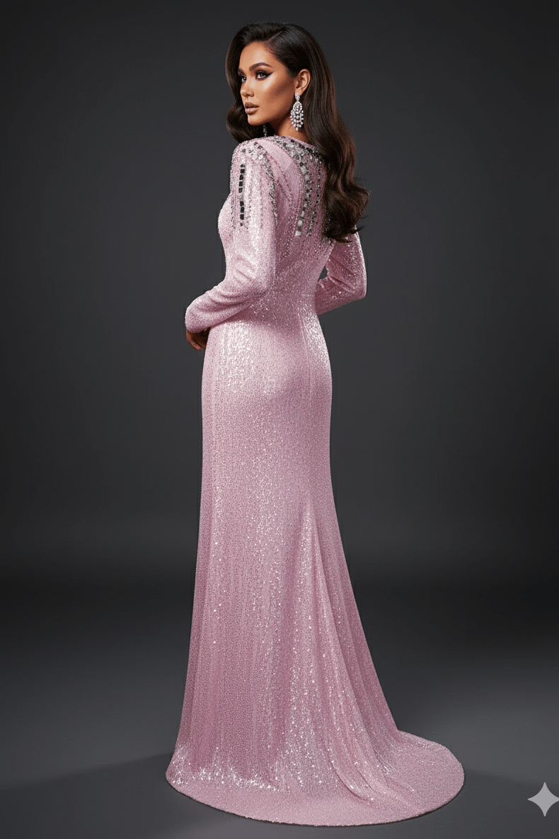 Aveline Pink Sequin Long Sleeve Evening Gown by none | Dresses from Luxe Lane | SKU:  | Barcode:  | Options: Pink S | Aveline Pink Sequin Long Sleeve Evening Gown