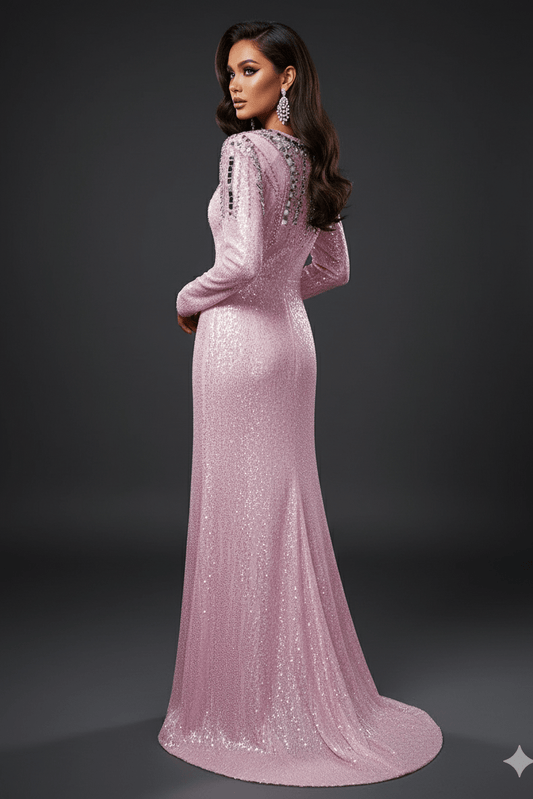 Aveline Pink Sequin Long Sleeve Evening Gown by none | Dresses from Luxe Lane | SKU:  | Barcode:  | Options: Pink S | Aveline Pink Sequin Long Sleeve Evening Gown