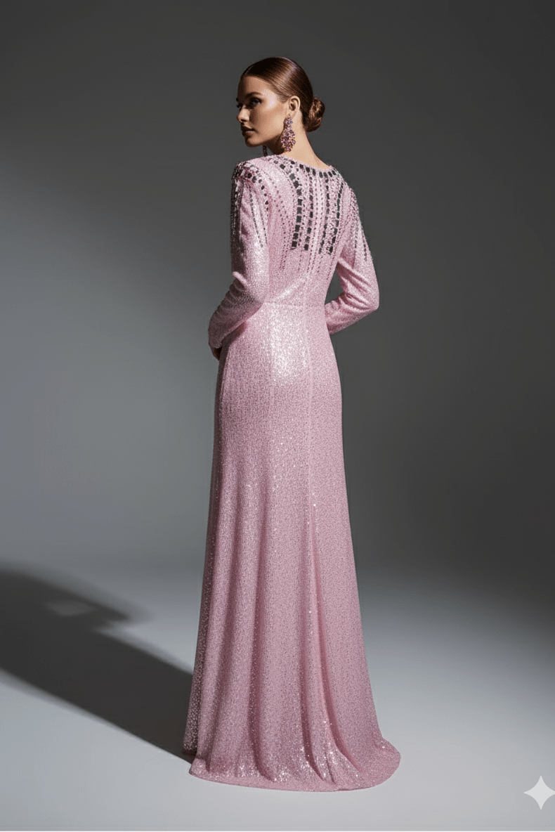 Aveline Pink Sequin Long Sleeve Evening Gown by none | Dresses from Luxe Lane | SKU:  | Barcode:  | Options: Pink S | Aveline Pink Sequin Long Sleeve Evening Gown