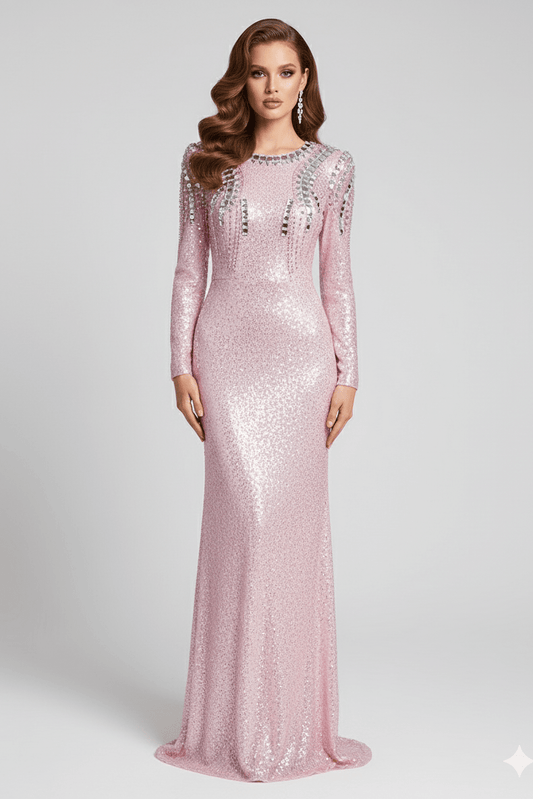 Aveline Pink Sequin Long Sleeve Evening Gown by none | Dresses from Luxe Lane | SKU:  | Barcode:  | Options: Pink S | Aveline Pink Sequin Long Sleeve Evening Gown
