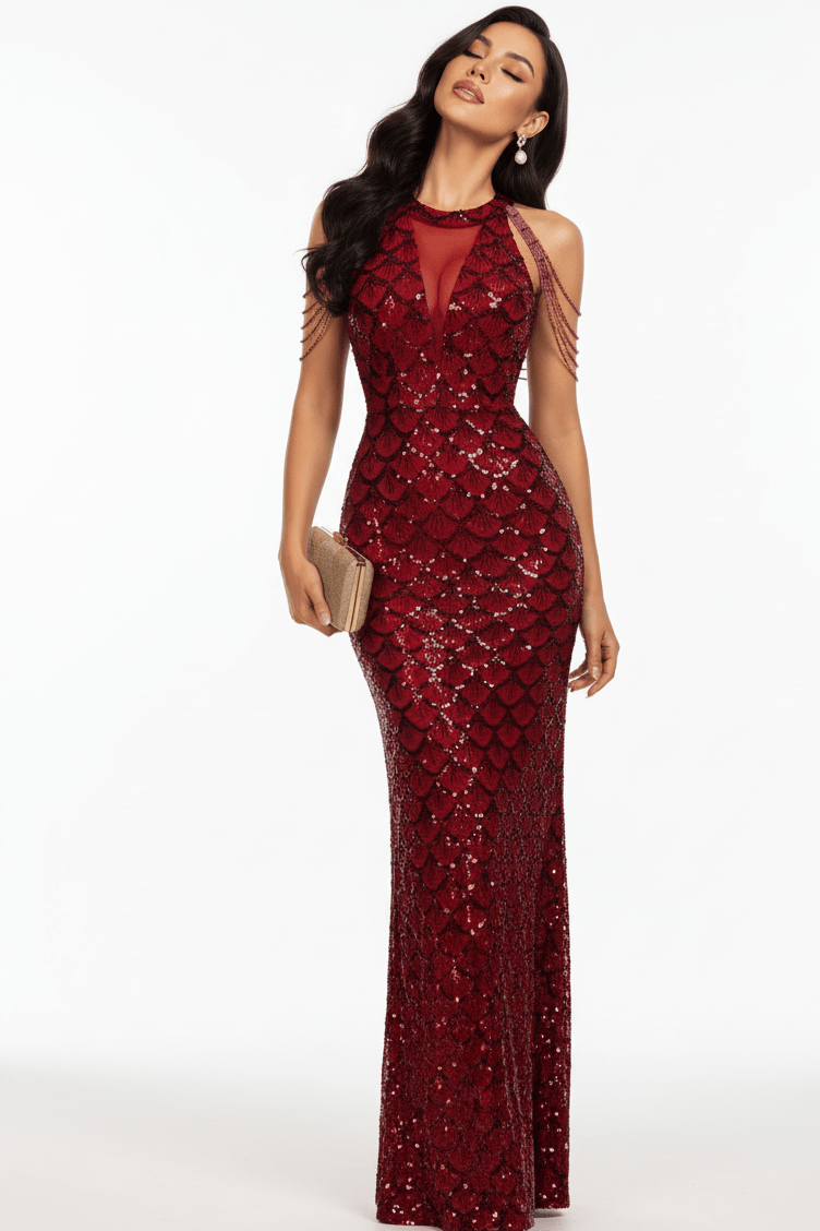 Aveline Red Sequin Mermaid Gown by Luxe Lane | mermaid gown from Luxe Lane | SKU: -1 | Barcode:  | Options: Wine Red S | Woman wearing a red sequin evening gown on a white background