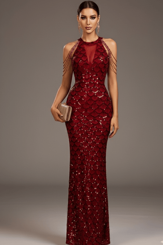 Aveline Red Sequin Mermaid Gown by Luxe Lane | mermaid gown from Luxe Lane | SKU: -1 | Barcode:  | Options: Wine Red S | Woman wearing a red sequin evening gown against a gray background