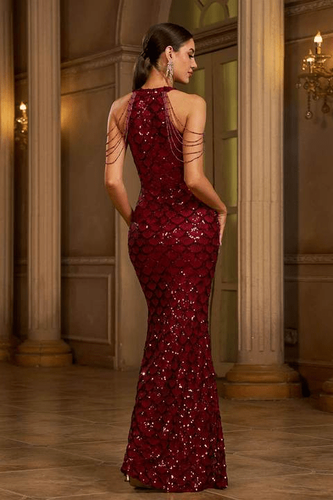 Aveline Red Sequin Mermaid Gown by Luxe Lane | mermaid gown from Luxe Lane | SKU: -1 | Barcode:  | Options: Wine Red S | Elegant Red Mermaid Sequin Evening Dresses Women Sleeveless Floor Length Party Gown Luxury Formal Prom Banquet Dress for Women