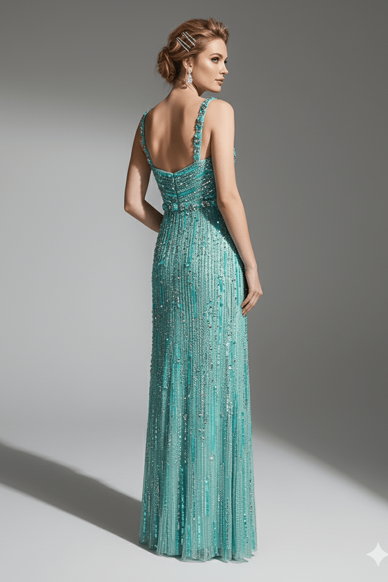 Aveline Sequin Beaded Mesh Gown by Luxe Lane | from Luxe Lane | SKU:  | Barcode:  | Options: Green S | back view of Luxe Lane aqua Aveline gown showing sequin pattern and open back design