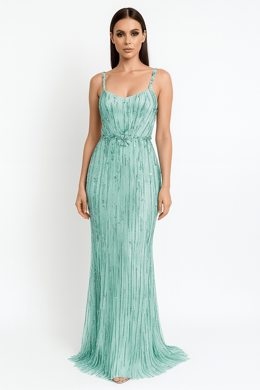 Aveline Sequin Beaded Mesh Gown by Luxe Lane | from Luxe Lane | SKU:  | Barcode:  | Options: Green S | side view of Luxe Lane aqua gown with fitted waist and full sequin beading