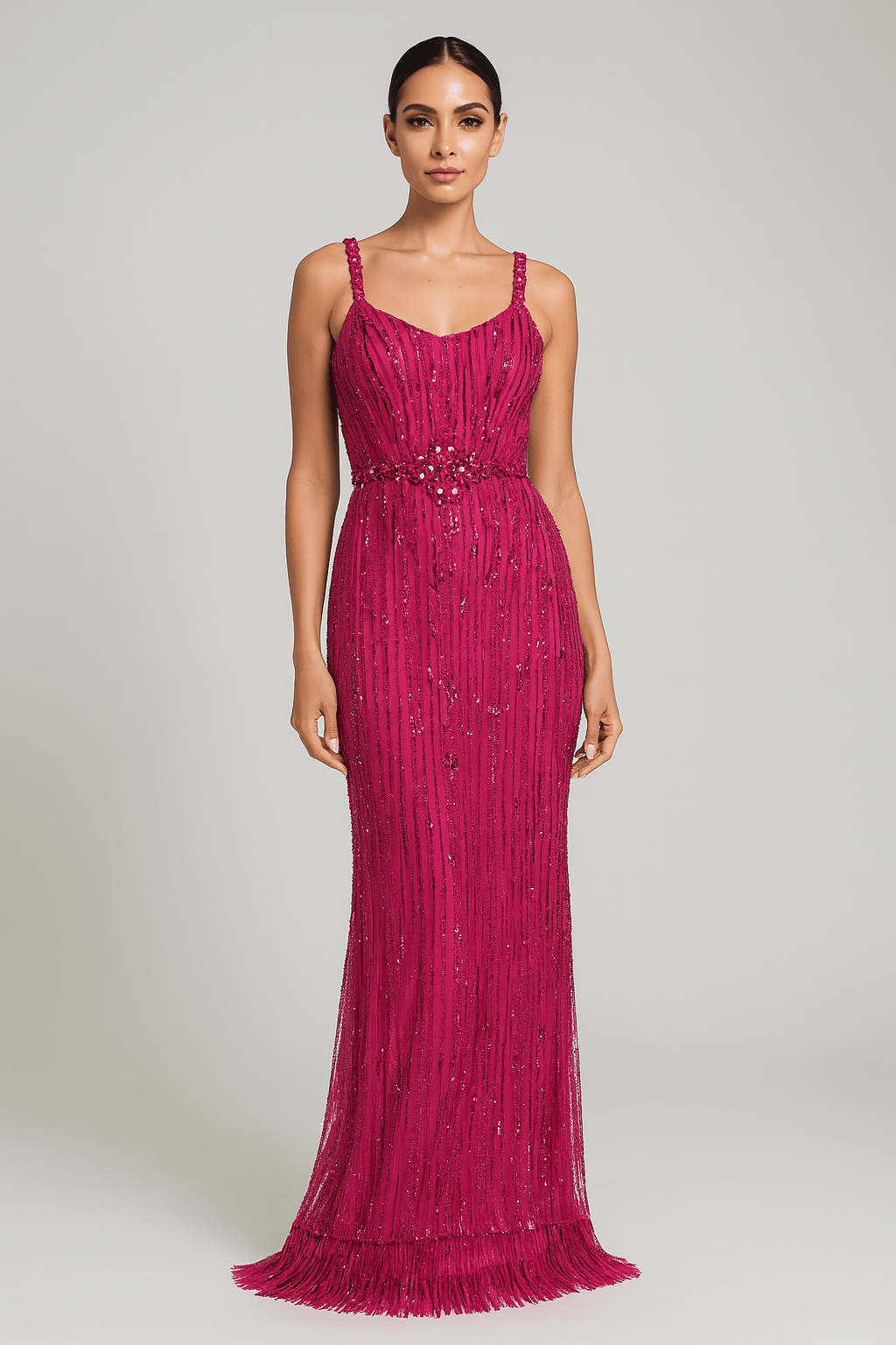 Aveline Sequin Beaded Mesh Gown by Luxe Lane | from Luxe Lane | SKU:  | Barcode:  | Options: Green S | front full - length view of Luxe Lane fuchsia Aveline sequin beaded mesh gown with fitted waist and spaghetti straps
