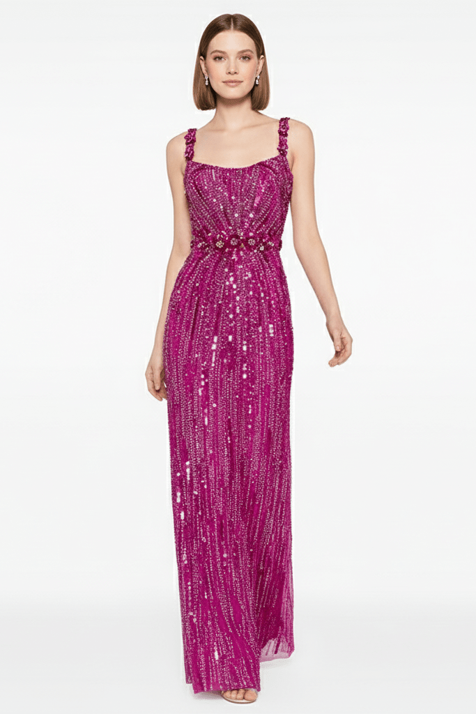 Aveline Sequin Beaded Mesh Gown by Luxe Lane | from Luxe Lane | SKU:  | Barcode:  | Options: Rose Red S | studio pose of model wearing Luxe Lane fuchsia Aveline mesh gown with hand - beaded detailing