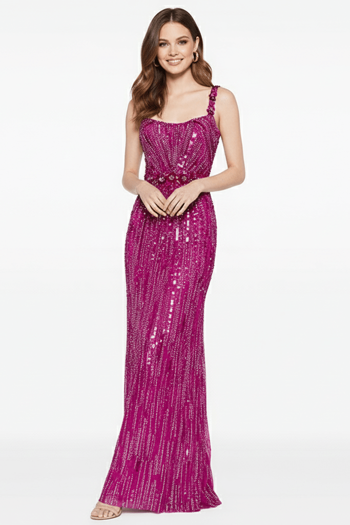 Aveline Sequin Beaded Mesh Gown by Luxe Lane | from Luxe Lane | SKU:  | Barcode:  | Options: Rose Red S | profile view of Luxe Lane fuchsia beaded gown highlighting smooth silhouette and back strap design