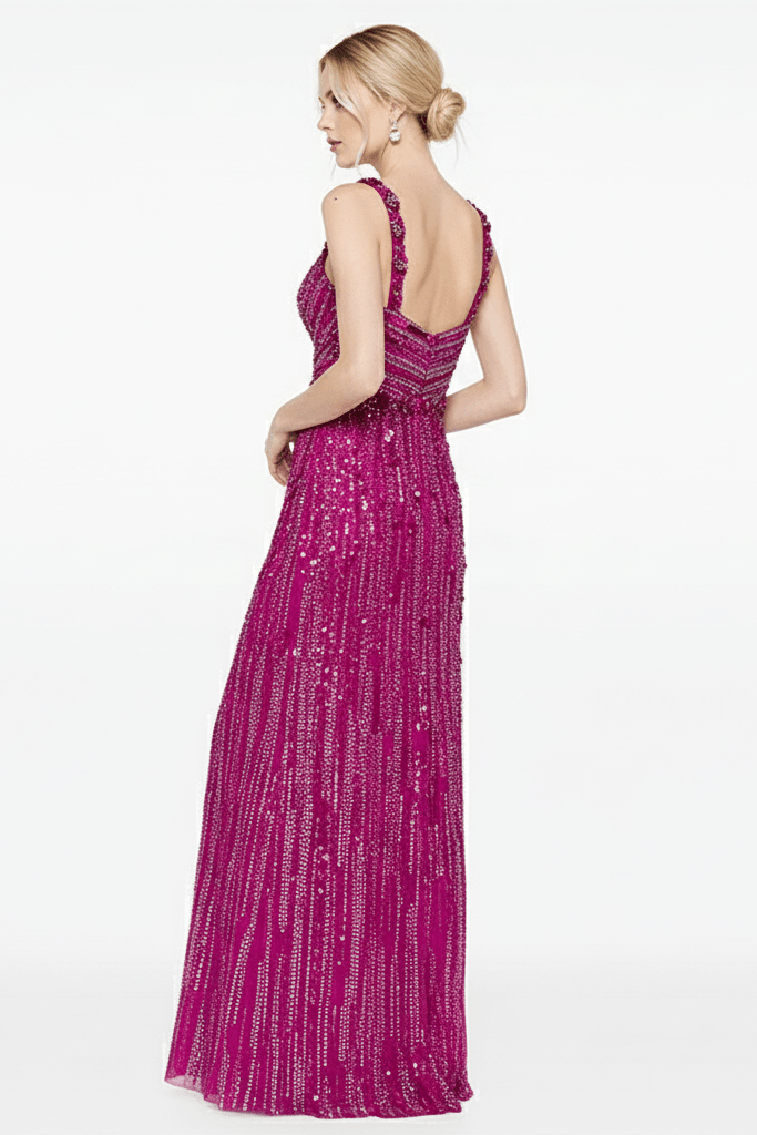 Aveline Sequin Beaded Mesh Gown by Luxe Lane | from Luxe Lane | SKU:  | Barcode:  | Options: Rose Red S | front full - length view of Luxe Lane fuchsia sequin beaded mesh gown with fitted silhouette and square neckline