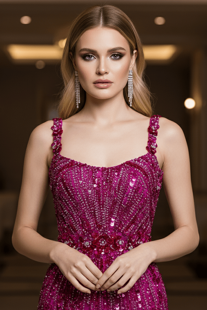 Aveline Sequin Beaded Mesh Gown by Luxe Lane | from Luxe Lane | SKU:  | Barcode:  | Options: Rose Red S | close - up portrait of model wearing Luxe Lane fuchsia beaded gown with shimmering sequin design and thin straps