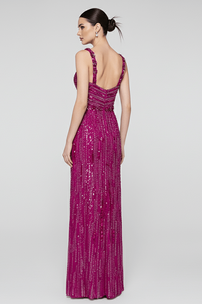 Aveline Sequin Beaded Mesh Gown by Luxe Lane | from Luxe Lane | SKU:  | Barcode:  | Options: Rose Red S | walking pose of model in Luxe Lane magenta sequin mesh gown with elegant fitted waistline