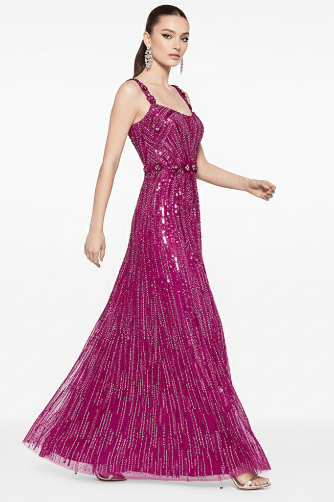 Aveline Sequin Beaded Mesh Gown by Luxe Lane | from Luxe Lane | SKU:  | Barcode:  | Options: Rose Red S | side angle of Luxe Lane fuchsia Aveline gown with all - over sequin embellishment and graceful drape